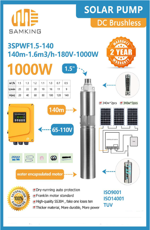 SOLAR PUMP HEAD MAX 140M 1200W 1000L/HR SAMKING DC-3SPWF1.5-140