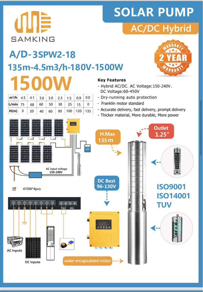 SOLAR HYBRID PUMP HEAD MAX 135M 1500W  3000L/HR SAMKING AC/DC-3SPW2-18